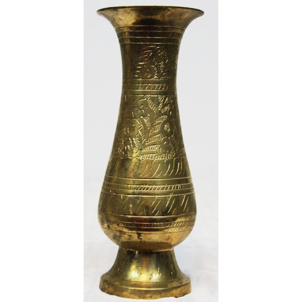 Vtg Solid Brass Metal Mini Bud Flower Vase Indian Etching Design Art Home Decor